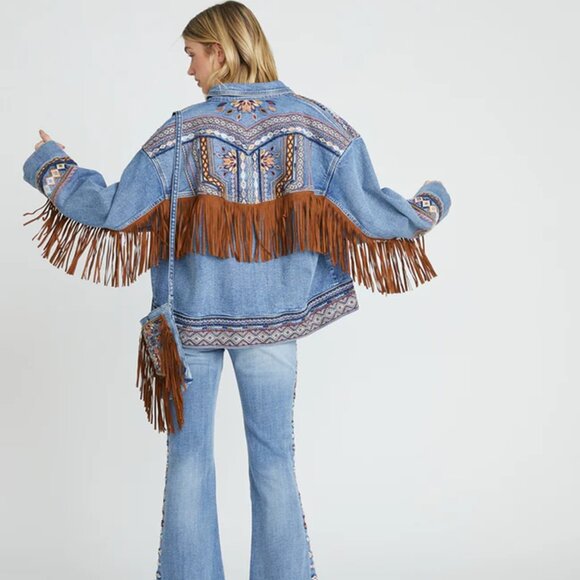 NWT Driftwood Denim Aztec Fringe Trim Jean Jacket Western Embroidered Rowan - Picture 2 of 10